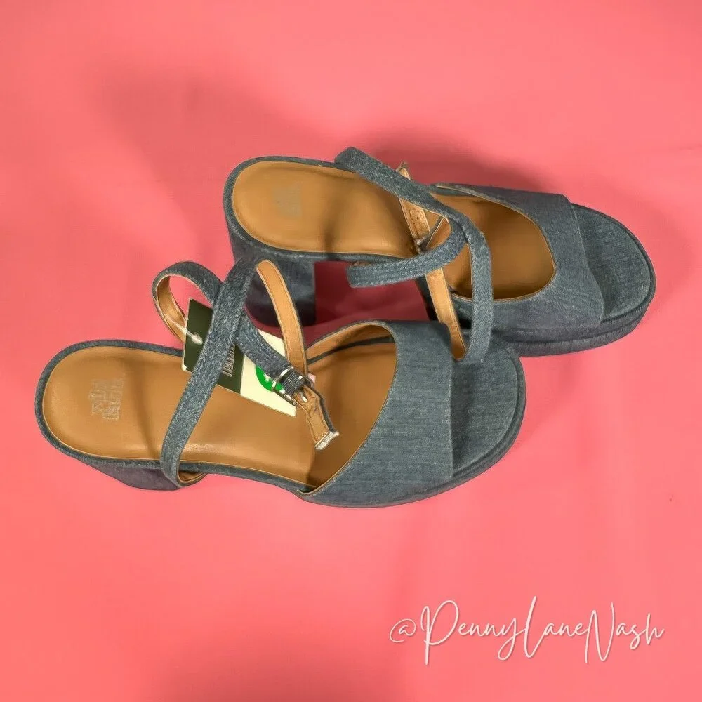 Wild Fable Chunky Block High Heels Denim Sandal Size10 Blue - Picture 8 of 11